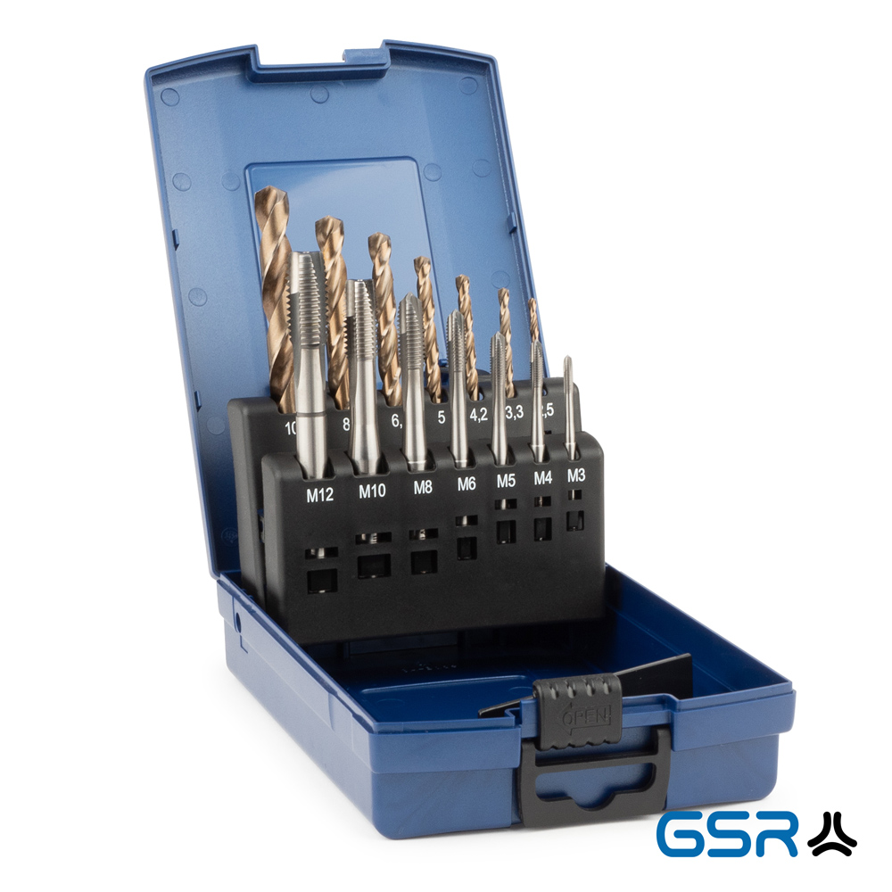 14-piece machine-tap set DIN2184-1 form B HSSE M3-M12: blue box opened, seven silver coloured drill M3-M12 and seven golden couloured twist drills M3-M12 in black bracket