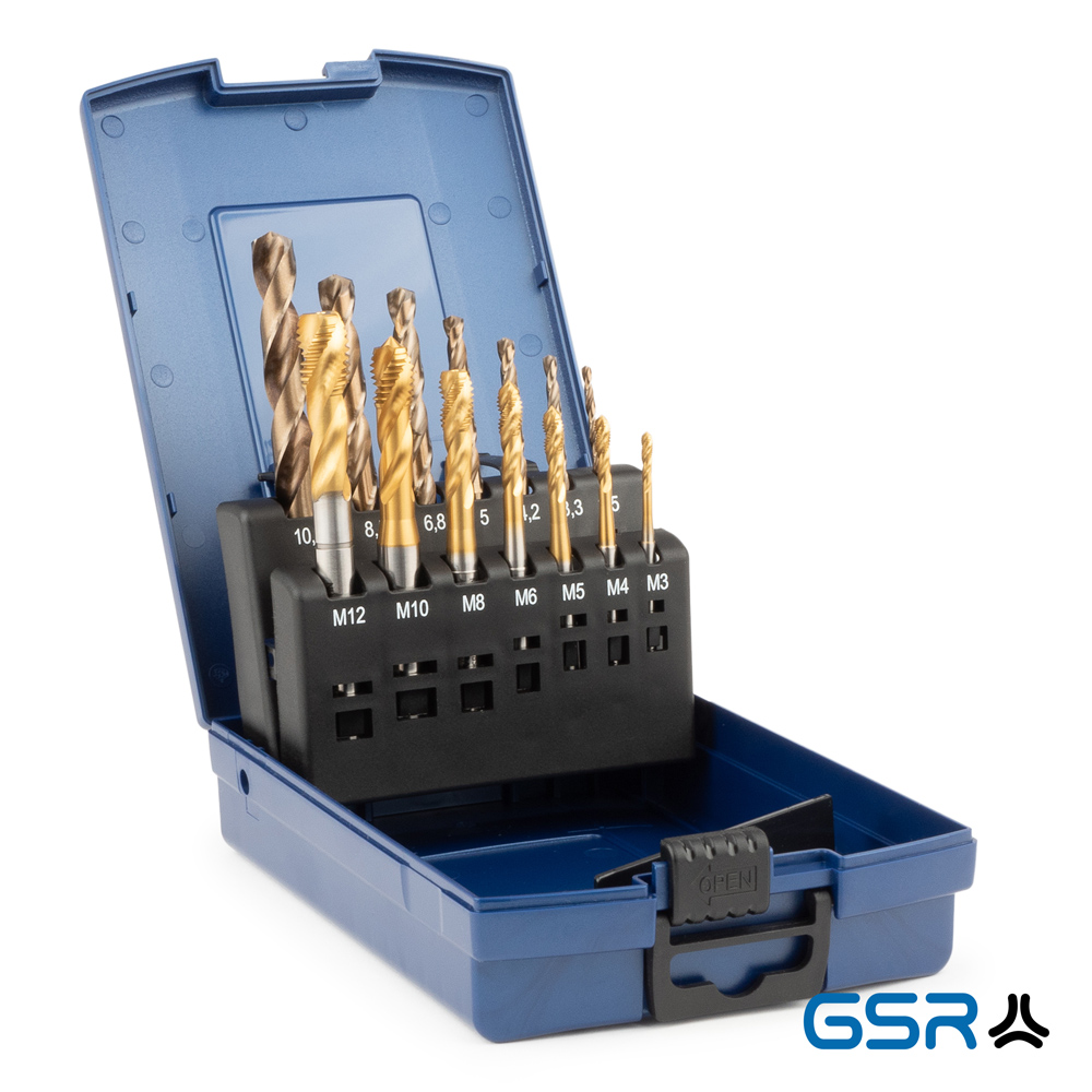14-piece machine-tap set DIN2184-1 form C/35° HSSE-TiN M3-M12: blue box opened, seven silver coloured drills M3-M12 and seven golden couloured twist drills M3-M12 in black bracket