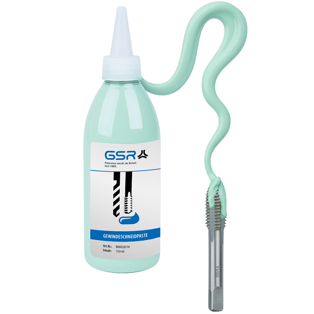 Flasche GSR Gewindeschneidpaste mit austretender hellgrüner Paste, die über einen Gewindebohrer fließt.