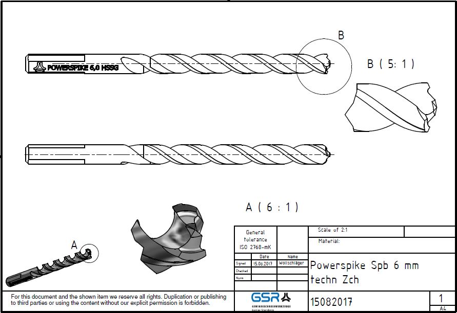 Technische Zeichnung eines PowerSpike Spiralbohrers mit 6mm