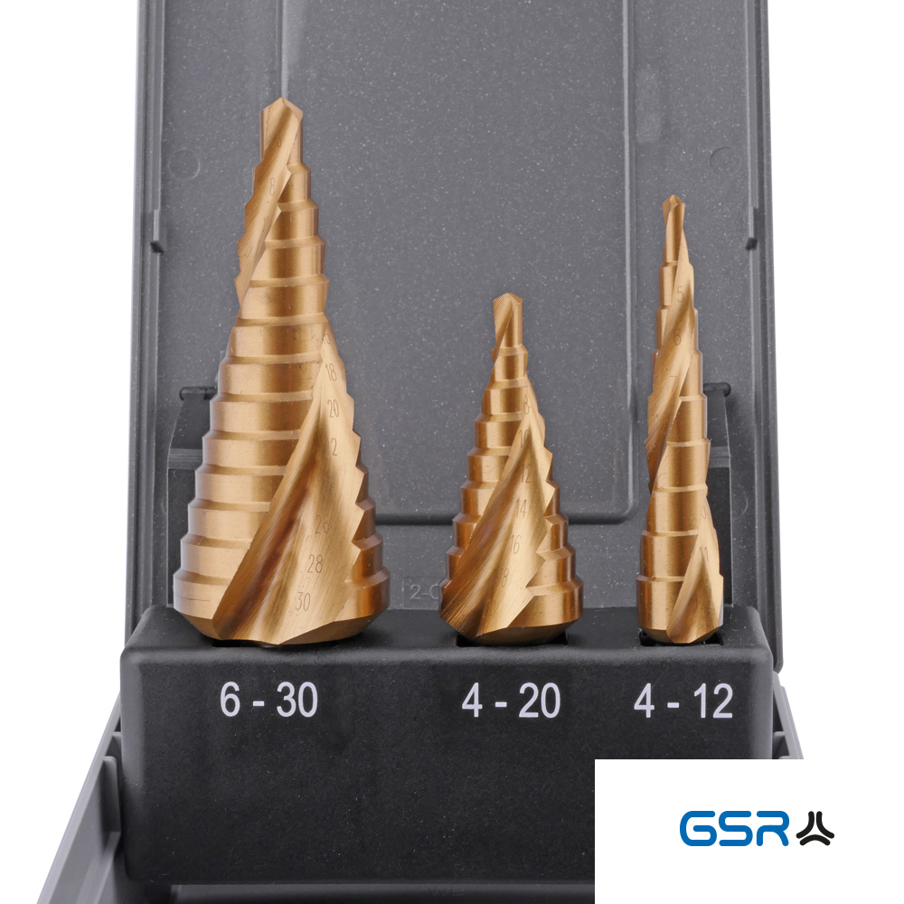 GSR Profi Stufenbohrer-Set 3 teilig HSSG TiN goldfarben spiralgenutet mit Splitpoint Detailansicht2 04010020