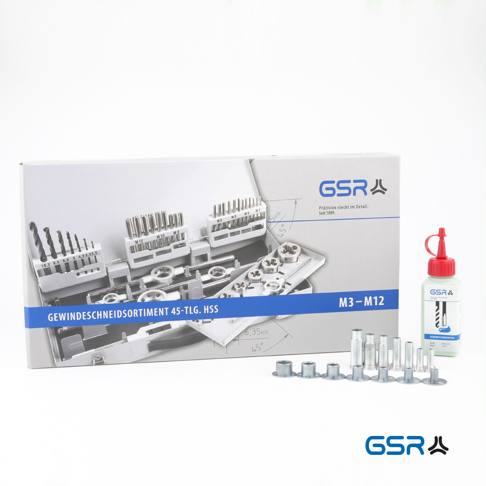 Gewindeschneider-Satz HSS-G, M3-M12, 44-teilig, Mit Kernlochbohrer, DKM