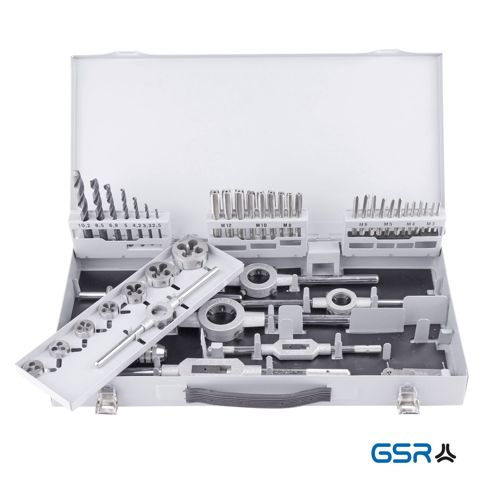 GSR Gewindeschneider Set 45 teilig kompletter Satz M3-M12 mit Spiralbohrer Hand-Gewindebohrer Schneideisen Haltewerkzeuge in Metallkassette HSSG 00708080-008331030.jpg