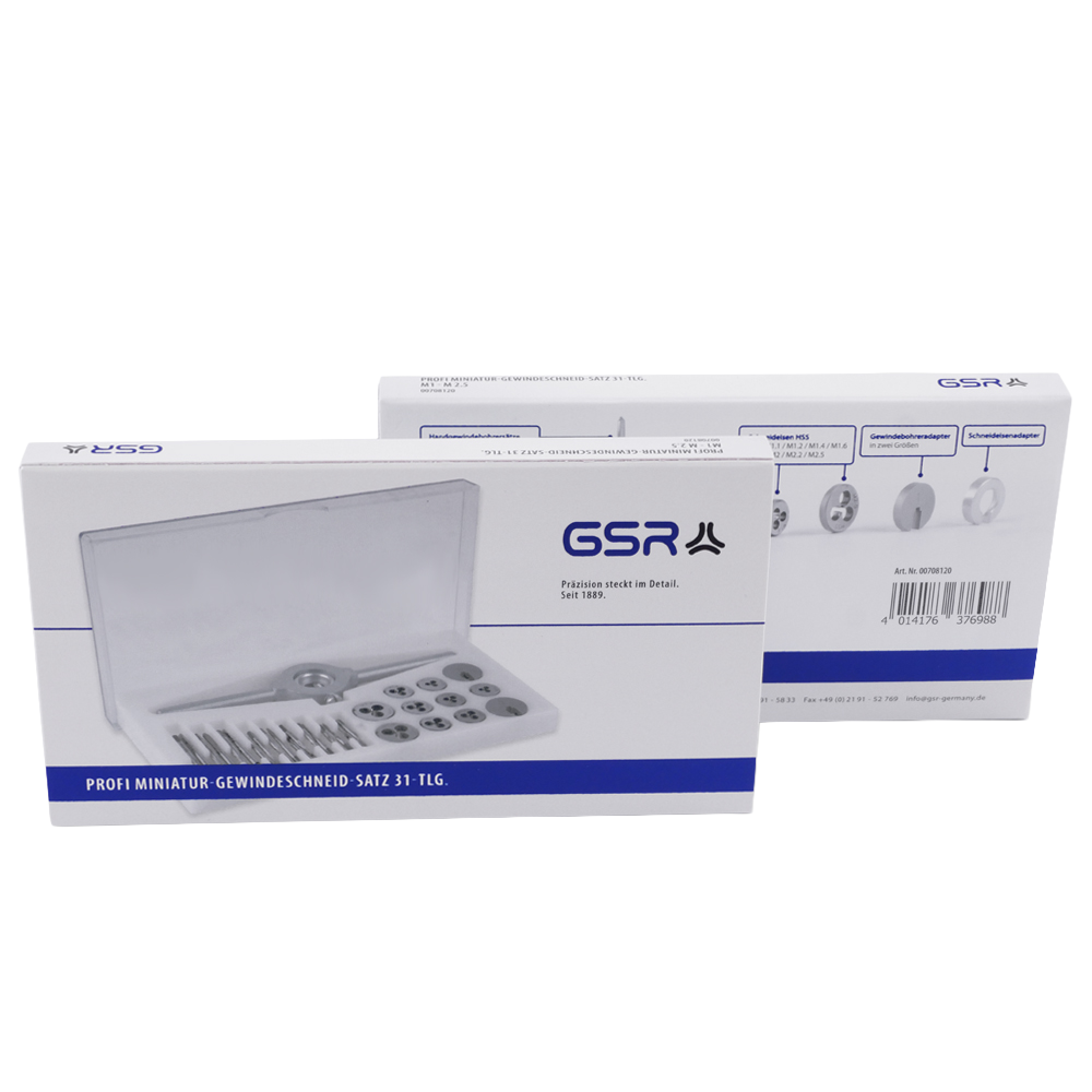 GSR miniature threading set in retail packaging, showing front and back side by side, 31-piece.