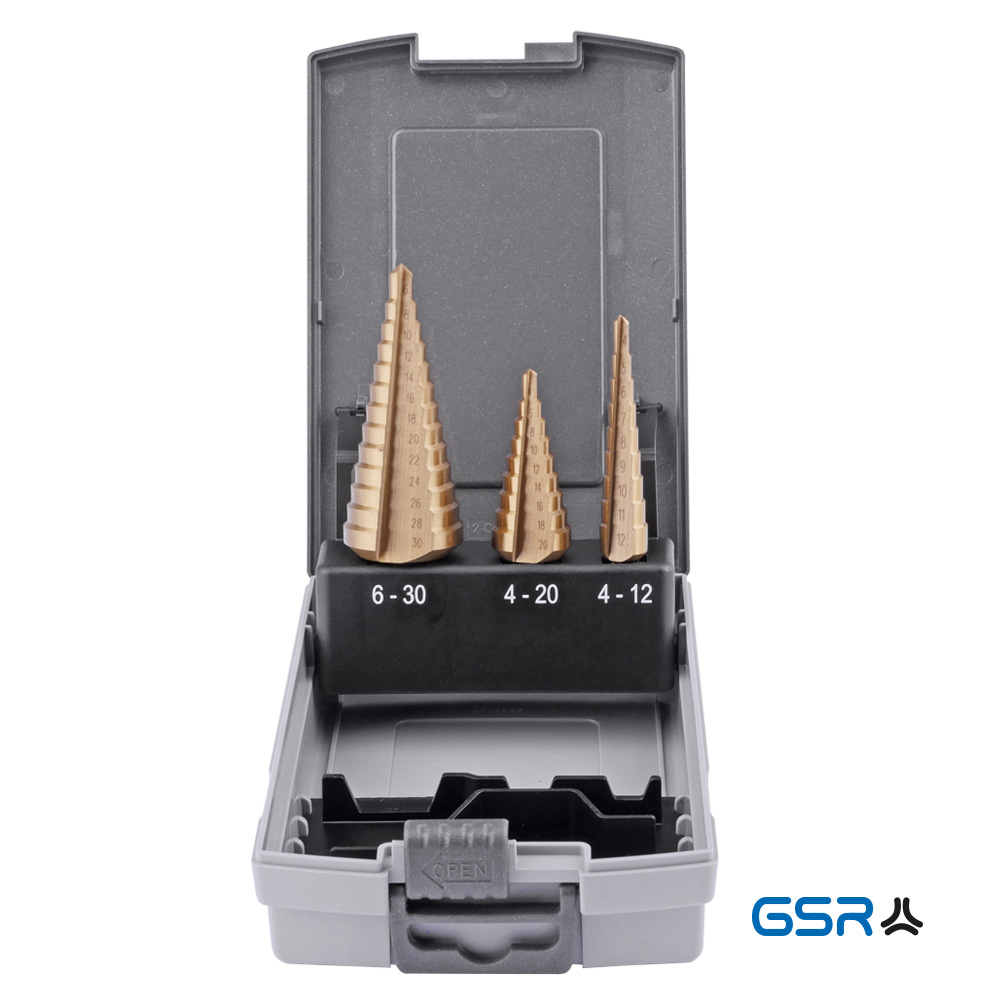 Profi stepdrill set 3-pieces HSSE-TiN: grey box open, front view, step drills in black attachment