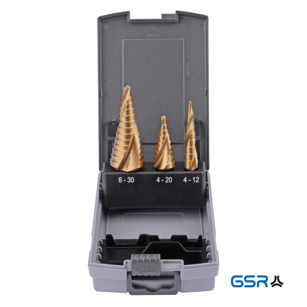 GSR professional step-drill set 3-pcs HSSG TiN spiral-fluted split-point 04010120