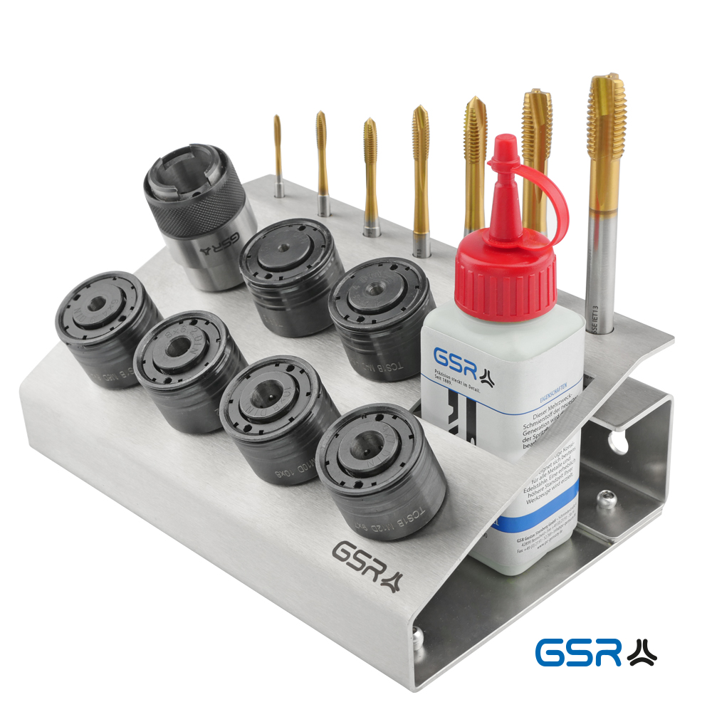 15 teilig GSR Gewindeschneid-QC-Adapter e-Tapping Werkstatt-Ständer aus Edelstahl mit Maschinen-Gewindeschneider DIN371/376 M3-M12 HSSE Silver Form B 00666 Produktbild 1