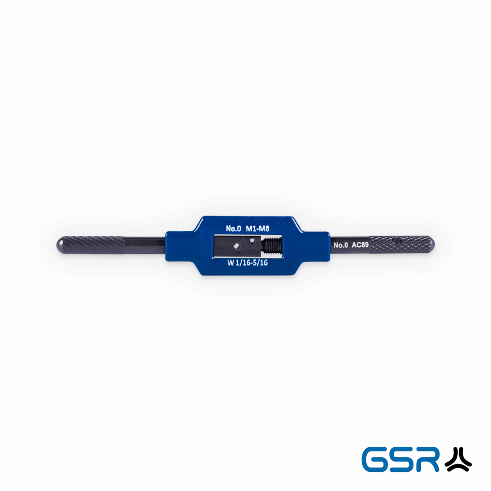 Blauer verstellbarer Windeisenhalter von GSR mit schwarzem Griff, geeignet für Gewindebohrer der Größe M1 bis M8 und 1/16 bis 5/16 Zoll. Die Beschriftung auf dem Halter zeigt „No.0 M1-M8“ sowie „W 1/16-5/16“ und „No.0 AC89“.