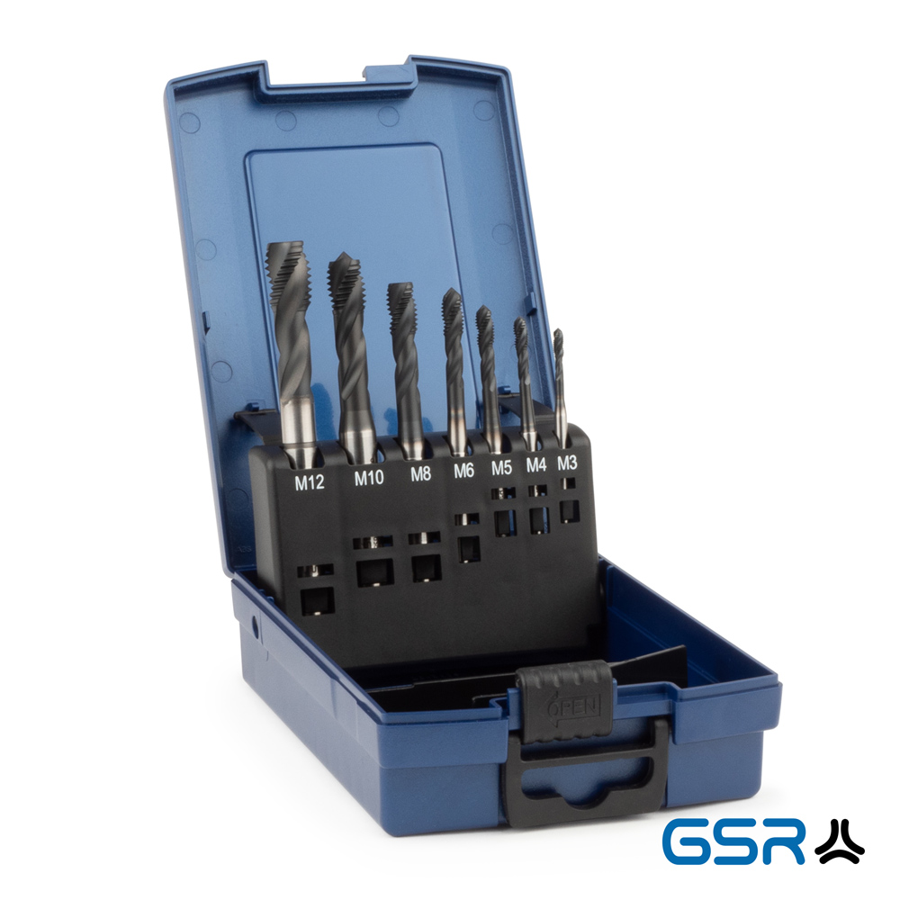 seven-piece machine-tap set DIN2184-1 form C/35° HSSE-AlCro M3-M12: blue box opened, silver coloured drills M3-M12 in black bracket