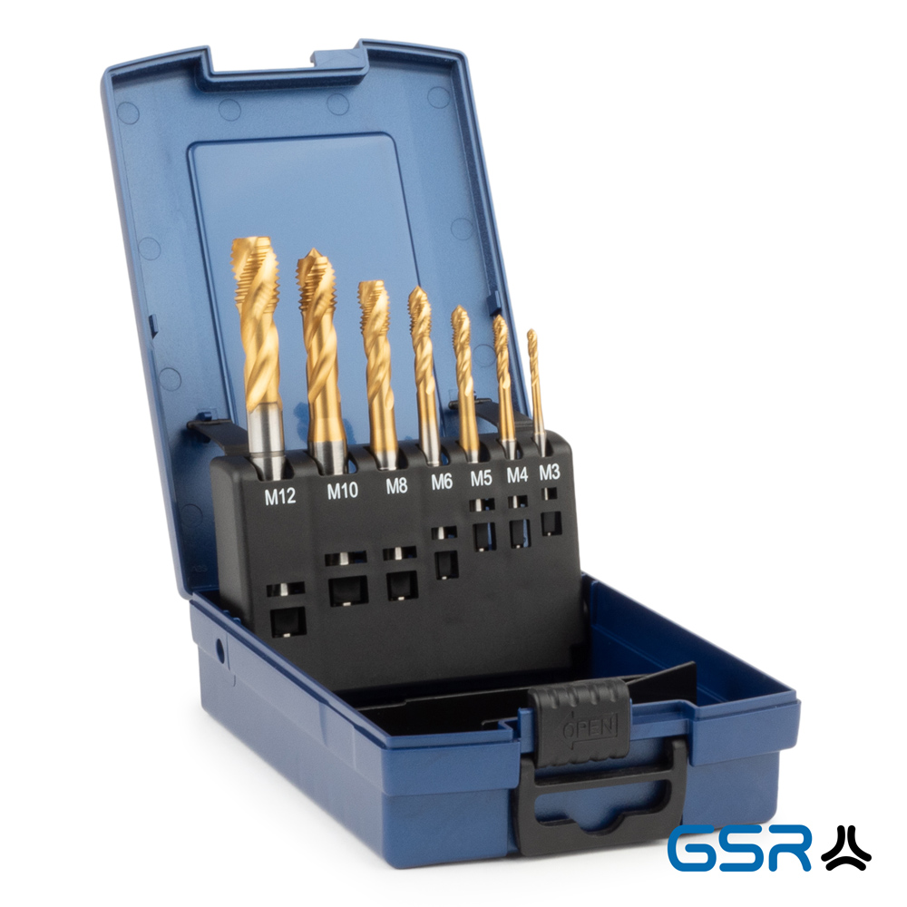 seven-piece machine-tap set DIN2184-1 form C/35° HSSE-TiN M3-M12: blue box opened, silver coloured drills M3-M12 in black bracket