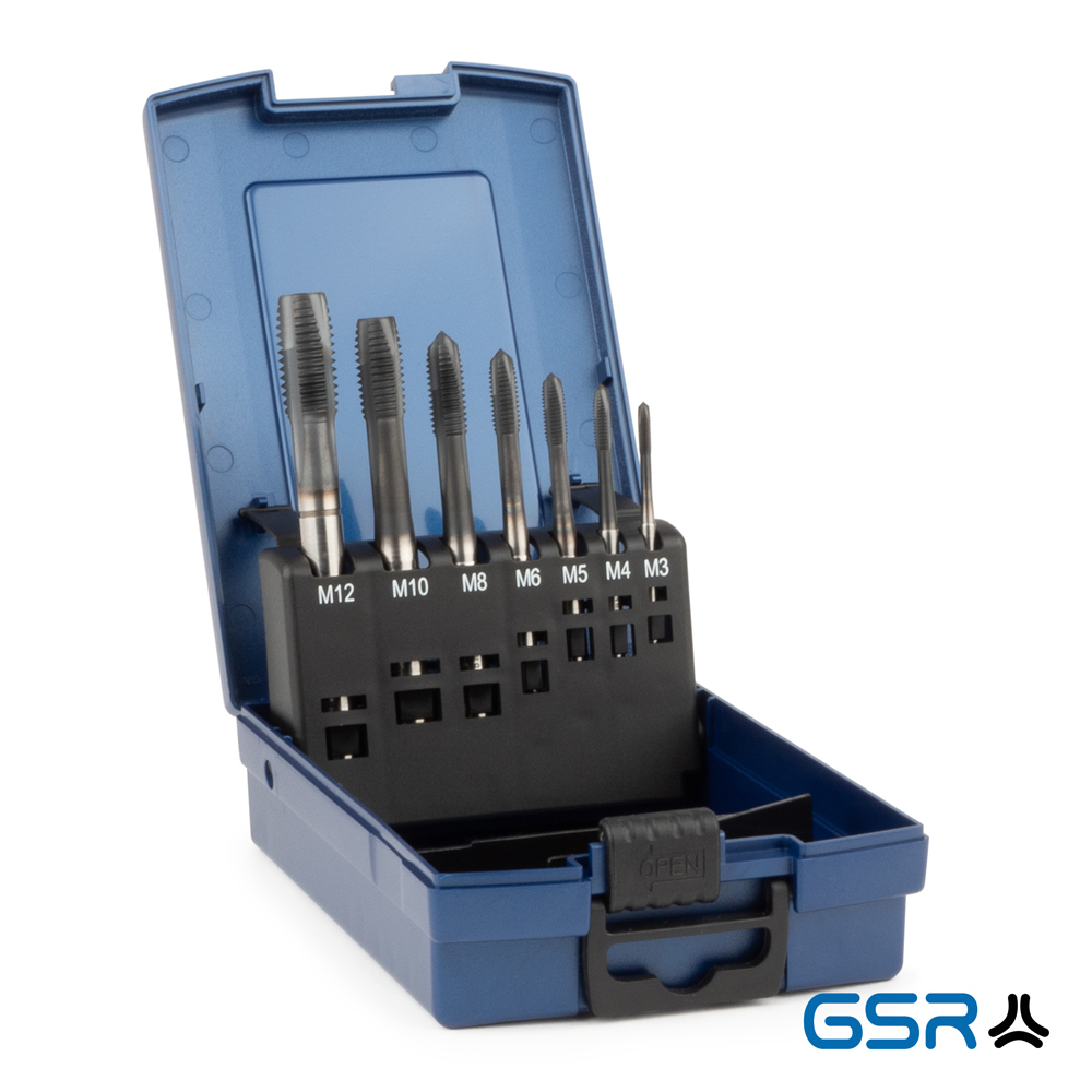 seven-piece machine-tap set DIN2184-1 form B HSSE-AlCro M3-M12: blue box opened, silver coloured drills M3-M12 in black bracket