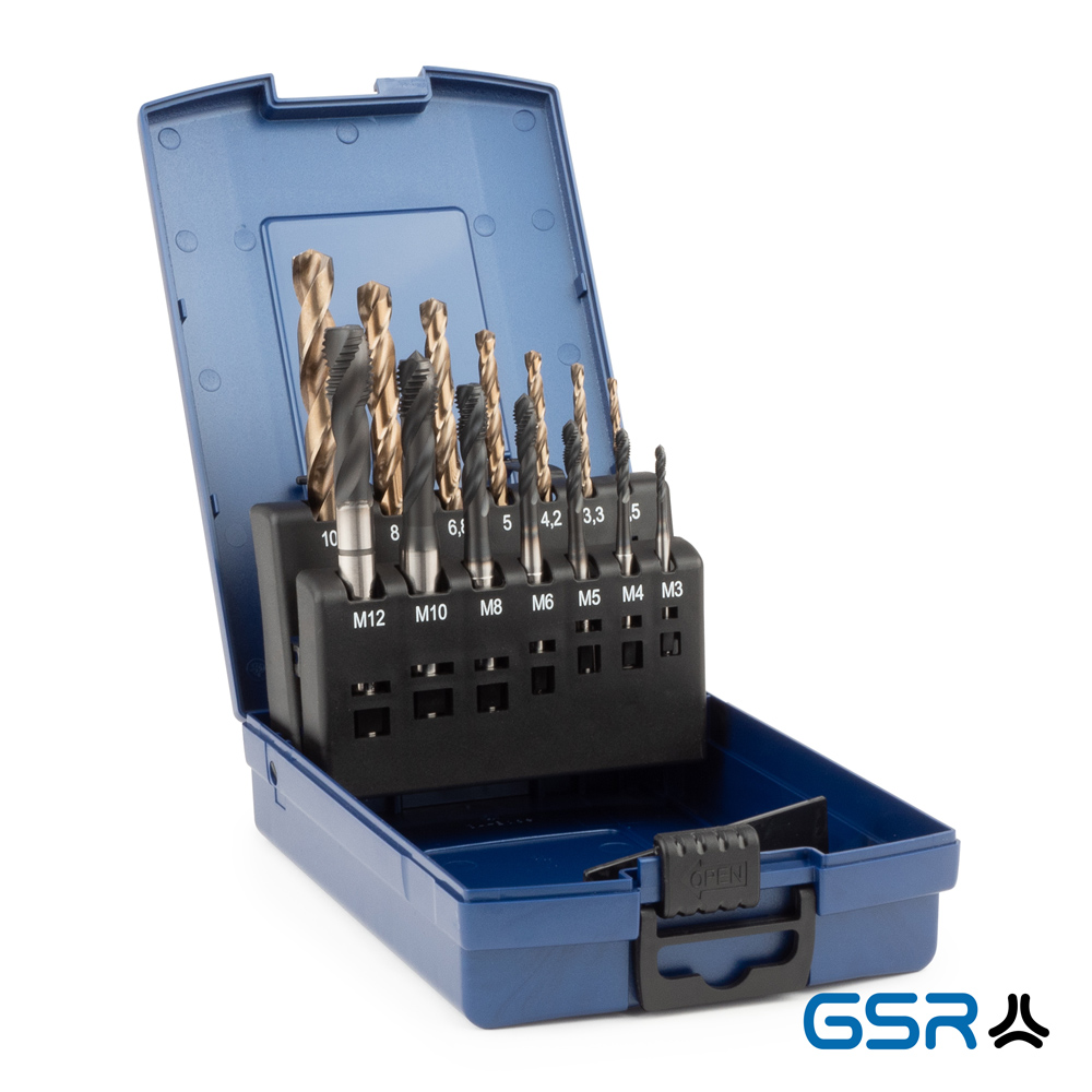 14-piece machine-tap set DIN2184-1 form C/35° HSSE-AlCro M3-M12: box opened, drills in attachment, front view