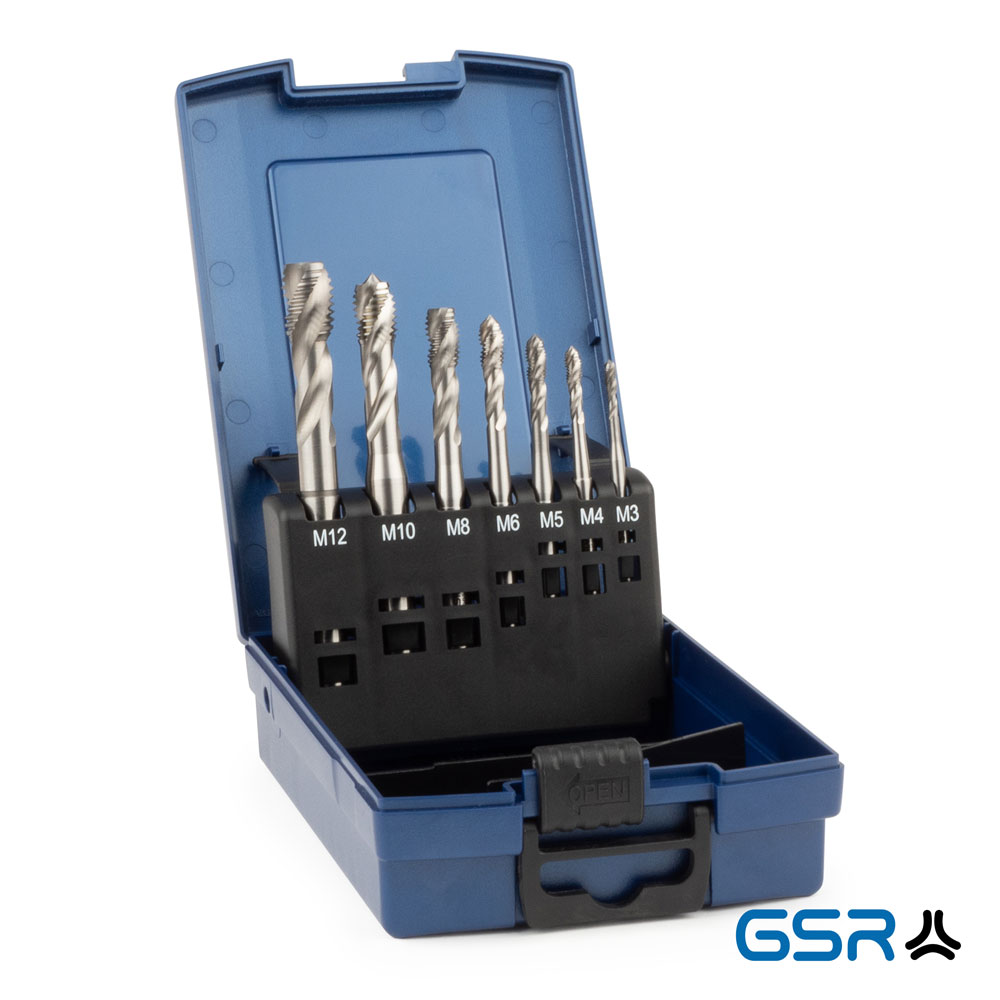 seven-piece machine-tap set DIN2184-1 form C/35° HSSE M3-M12: blue box opened, silver coloured drill M3-M12 in black bracket