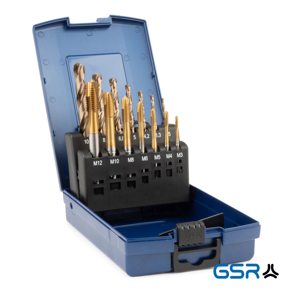 14-piece machine-tap set DIN2184-1 form B HSSE-TiN M3-M12: blue box opened, seven silver coloured drills M3-M12 and seven golden couloured twist drills M3-M12 in black bracket