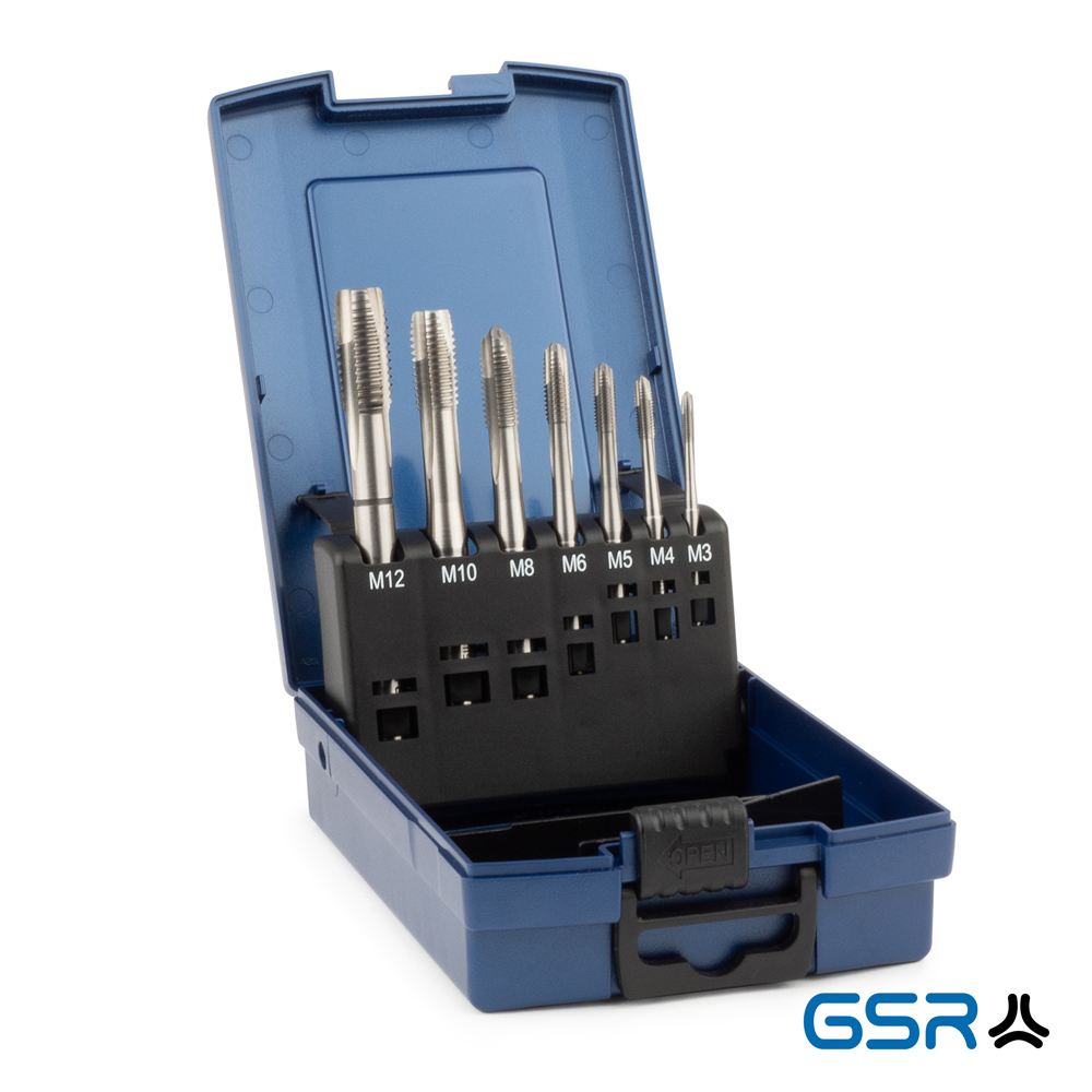 seven-piece machine-tap set DIN2184-1 form B HSSE M3-M12: blue box opened, silver coloured drills M3-M12 in black bracket